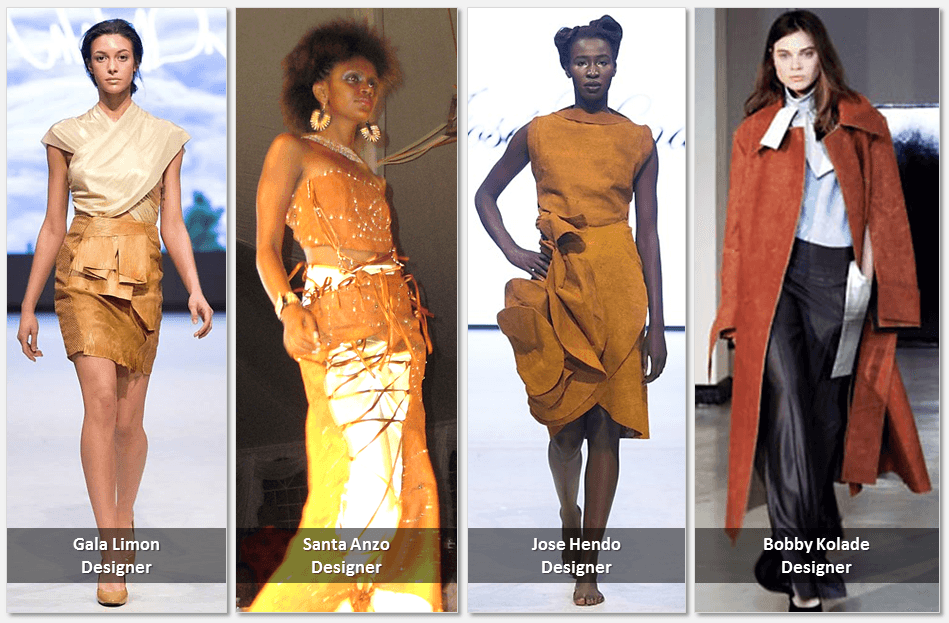 Runway models wearing contemporary outfits made from Ugandan barkcloth by various designers, showcasing the fabric's use in modern sustainable fashion. Image source: Pinterest